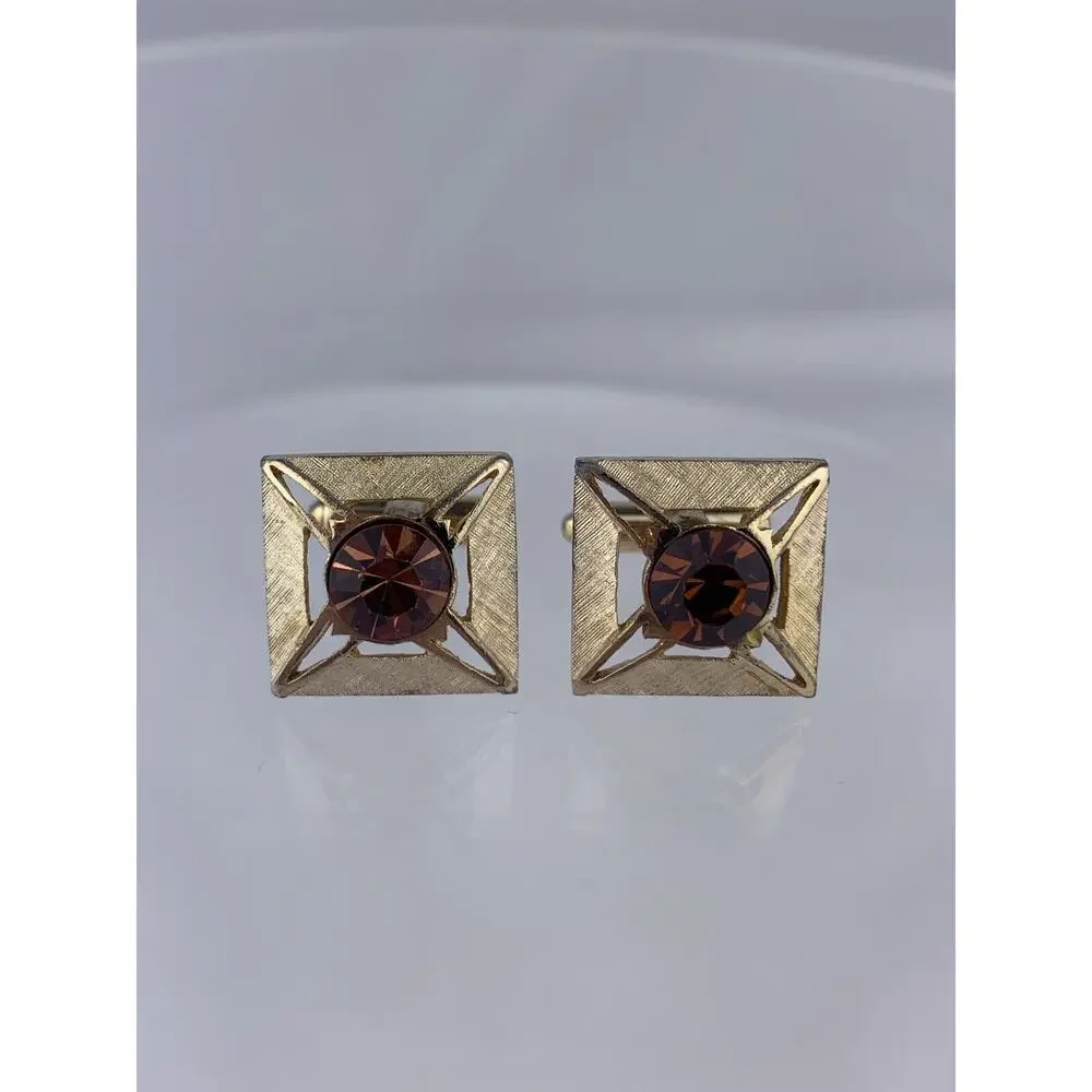 Square Brown Rhinestone Gold Tone Cufflinks Modern Formal Cutout Shields Vintage